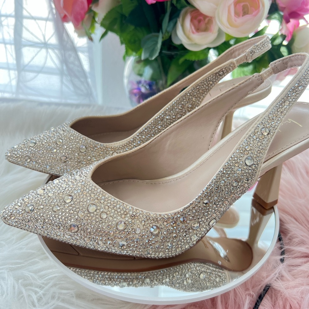Nicole Miller Crystal-Studded Cream Slingback Heels